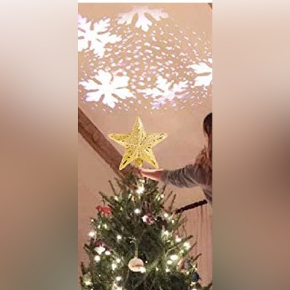 NIB Gold Glitter Star W/ Snowflake Projector Tree Topper